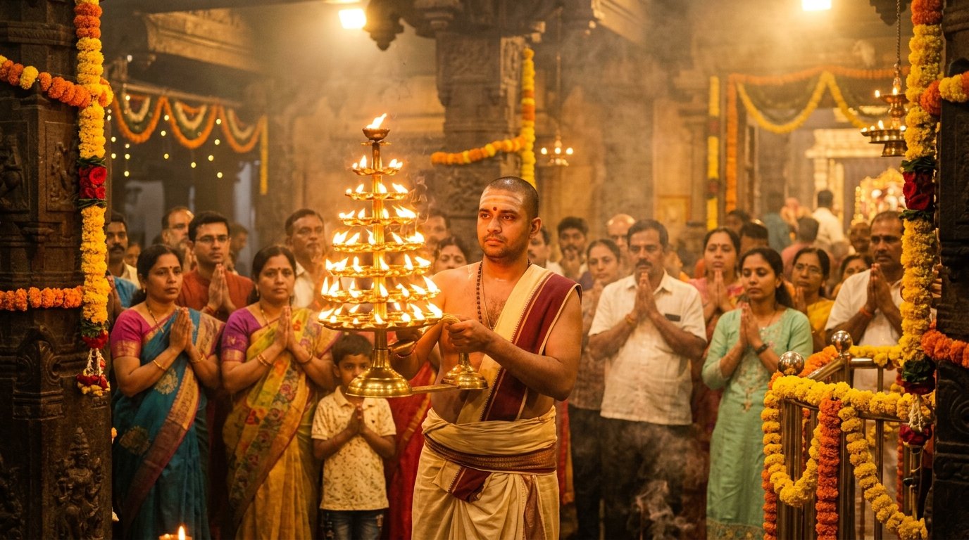 Evening Maha Aarti with tiered brass lamps