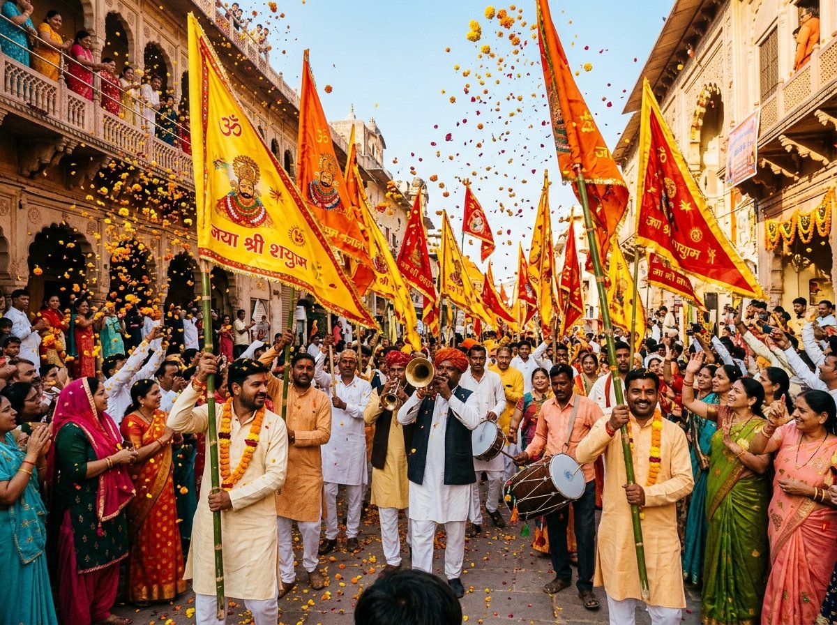 Devotees carrying flags in Nishan Yatra